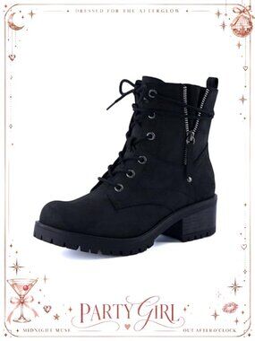 Vegan Leather Combat Ankle Boots Lace-Up Side Zip Block Heel